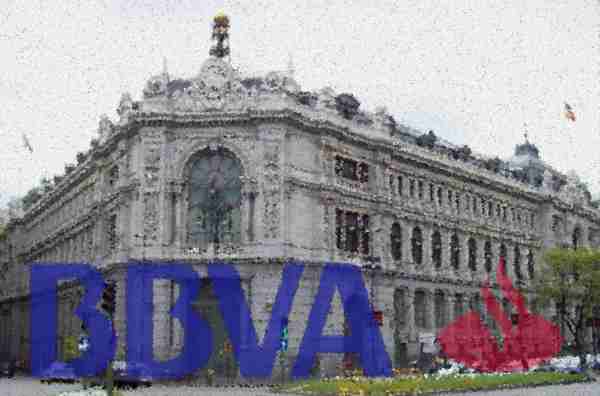 Banco de España con un filtro artístico y logotipos de BBVA y Santander